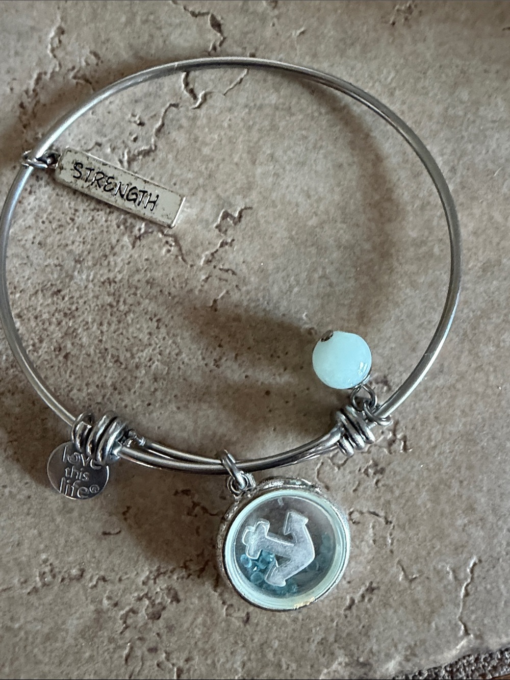 Silver Anchor Charm Bangle Bracelet with Aqua Bead - Strength